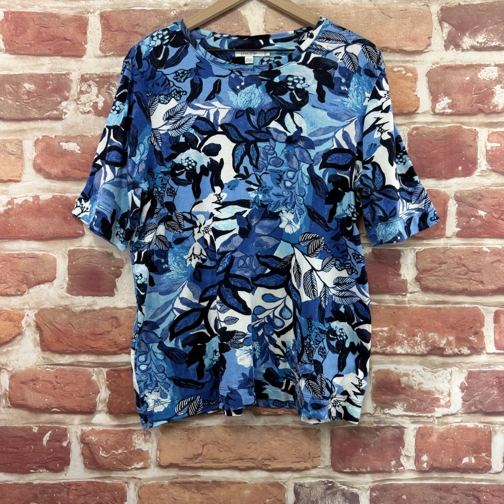 Chicos T Shirt Women's XL Blue Multicolor Floral Abstract 100% Pima Cotton Top